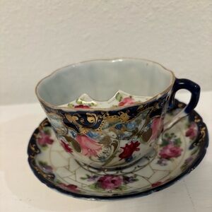 Antique 1800s Mustache Cup & Saucer Hand-painted Floral Cobalt Blue Raised Dot